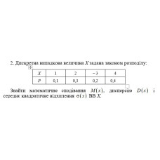 2. Дискретна випадкова величина Х задана законом розподілу. Знайти математичне сподівання M(x)  дисперсію D(x) і середнє квадратичне відхилення σ(x) ВВ Х.  (02 Варіант)