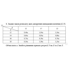 8. Задано закон розподілу двох дискретних випадкових величин (Х, Y). Обчислити а. Знайти рівняння прямих регресії Y на Х та Х на Y. (02 Варіант)