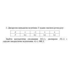 2. Дискретна випадкова величина Х задана законом розподілу. Знайти математичне сподівання M(x) дисперсію D(x) і середнє квадратичне відхилення σ(x) ВВ Х. (16 Варіант)