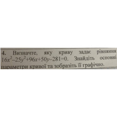 4. Визначте, яку криву задає рівняння 16x^2 - 25y^2 + 96x + 50y - 281=0. Знайдіть основні параметри кривої та зобразіть її графічно. (Варіант 8)