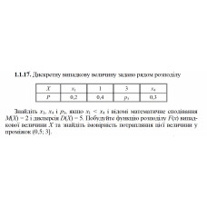 1.1.17. Дискретну випадкову величину задано рядом розподілу. Знайдіть x1, x4 і p3, якщо x1 < x4 і відомі математичне сподівання М(Х) = 2 і дисперсія D(X) = 5. Побудуйте функцію розподілу F(х) випадкової величини Х та знайдіть імовірність потрапляння цієї величини у проміжок (0,5; 3]. 