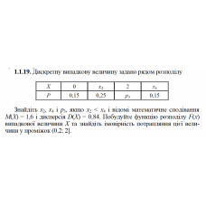 1.1.19. Дискретну випадкову величину задано рядом розподілу. Знайдіть x2, x4 і p3, якщо x2 < x4 і відомі математичне сподівання М(Х) = 1,6 і дисперсія D(X) = 0,84. Побудуйте функцію розподілу F(х) випадкової величини Х та знайдіть імовірність потрапляння цієї величини у проміжок (0,2; 2]. 