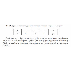 1.1.20. Дискретну випадкову величину задано рядом розподілу. Знайдіть x1, x2 і p4, якщо x1 < x2 і відомі математичне сподівання М(Х) = – 0,3 та дисперсія D(X) = 1,81. Побудуйте функцію розподілу F(х) та знайдіть імовірність потрапляння величини Х у проміжок [– 0,5; 1]. 