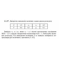 1.1.27. Дискретну випадкову величину задано рядом розподілу. Знайдіть x2, x3 і p3, якщо x2 < x3 і відомі математичне сподівання М(Х) = 2,5 і середнє квадратичне відхилення σ(X) = 1. Побудуйте функцію розподілу F(х) випадкової величини Х та знайдіть імовірність потрапляння цієї величини у проміжок [3; 4,5]. 