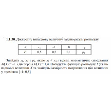 1.1.30. Дискретну випадкову величину задано рядом розподілу. Знайдіть x1, x4 і p4, якщо x1 < x4 і відомі математичне сподівання М(Х) =  – 1 і дисперсія D(X) = 1,4. Побудуйте функцію розподілу F(х) випадкової величини Х та знайдіть імовірність потрапляння цієї величини у проміжок [– 1; 0,5]. 